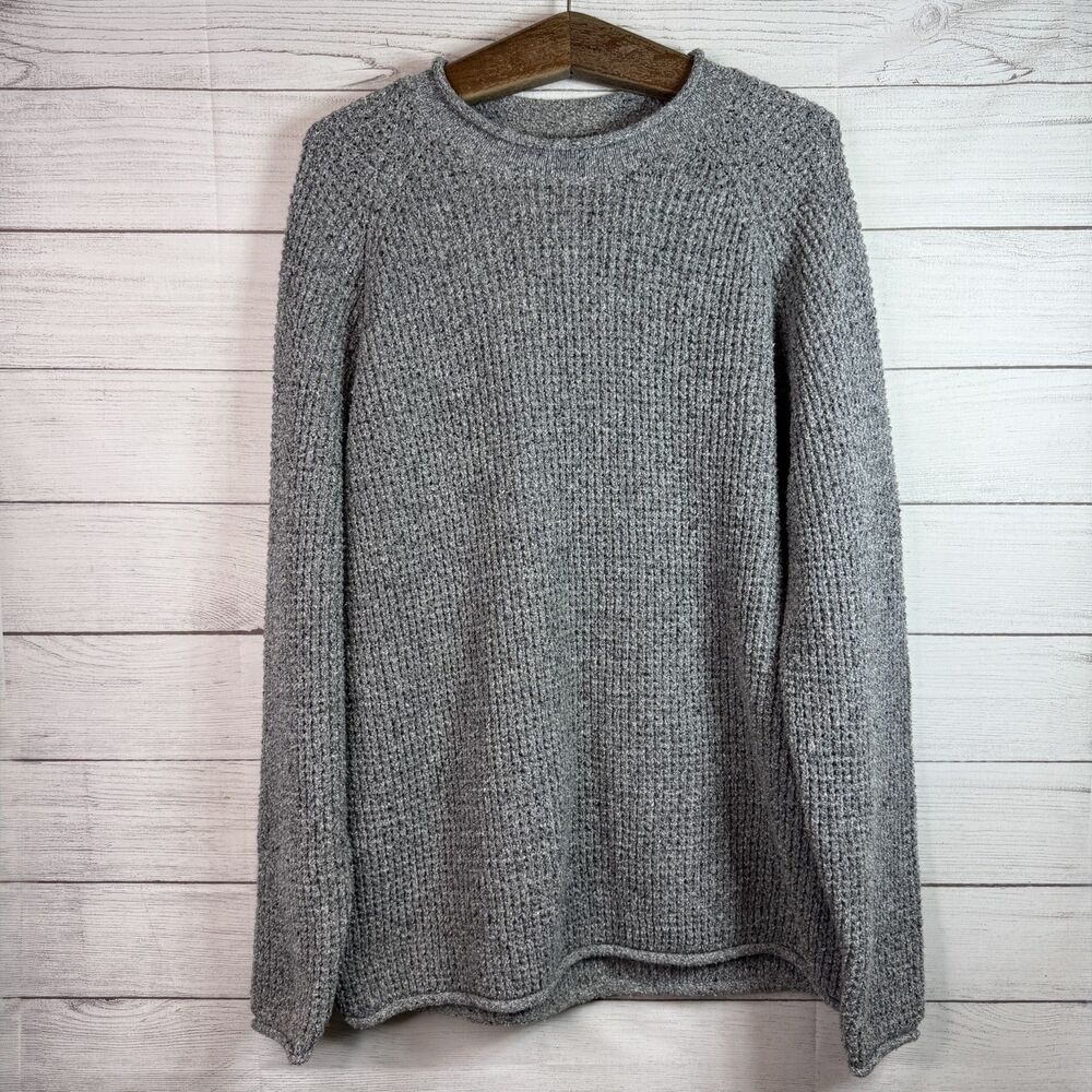 Wellen Seawool Fisherman Sweater Mens Sz XL Gray Heather Kelp Waffle Knit Raglan